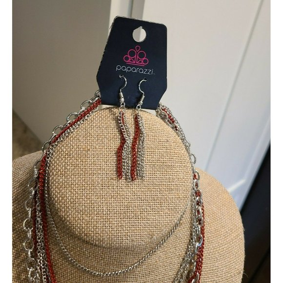 Paparazzi Red Silver Tone Lot Set of 3. 1-Necklace 2-Earrings - Picture 2 of 7